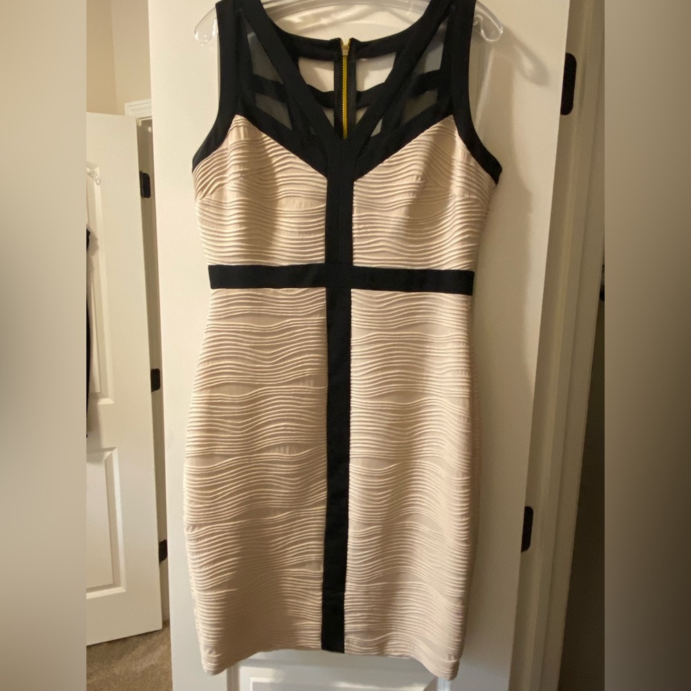 Nude & Black Sleeveless dress with gold metallic shimmers. Size 12 $40.00